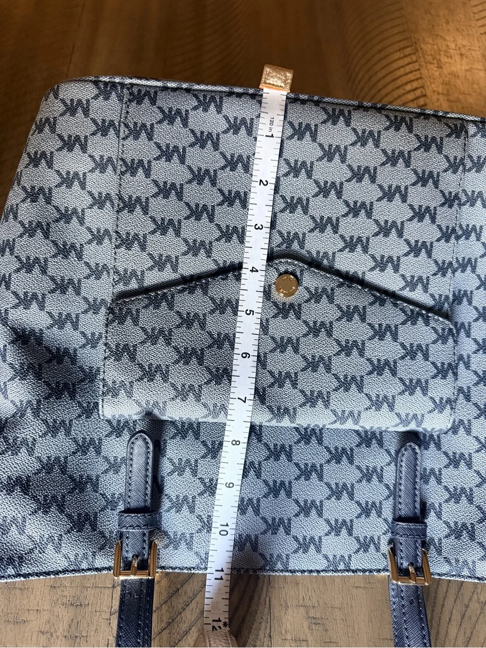 Michael Kors Jet Set Blue MK Monogram Jacquard Flap Pocket Tote Bag